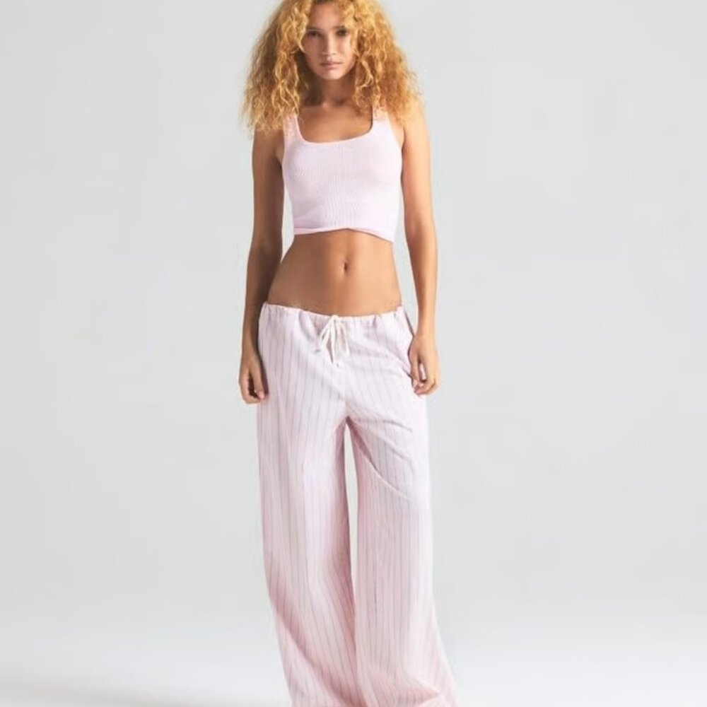 SKIMS COTTON POPLIN STRAIGHT LEG PANTS NEW NWT PALE PINK PENCIL STRIPE XL $68